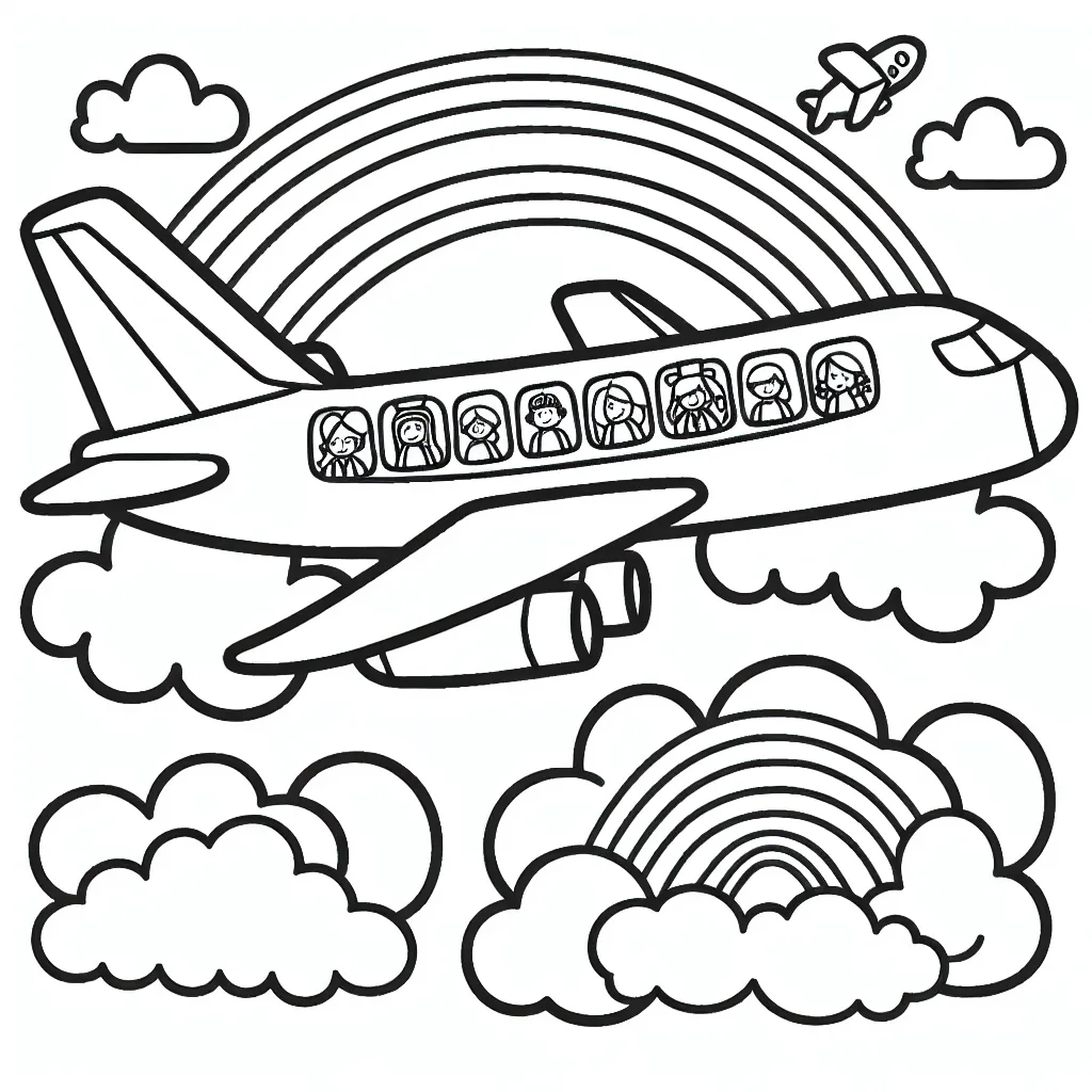 Imagine un grand avion volant dans le ciel. Il y a des nuages tout autour et un arc-en-ciel en arrière-plan. Dans l'avion, dessine des passagers assis confortablement et un pilote dans le cockpit.