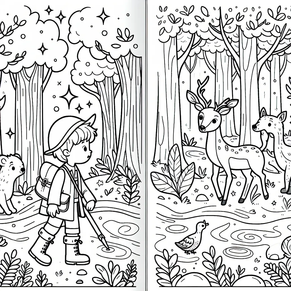 Jeune explorateur dans la forêt magique à la découverte d'animaux fantastiques