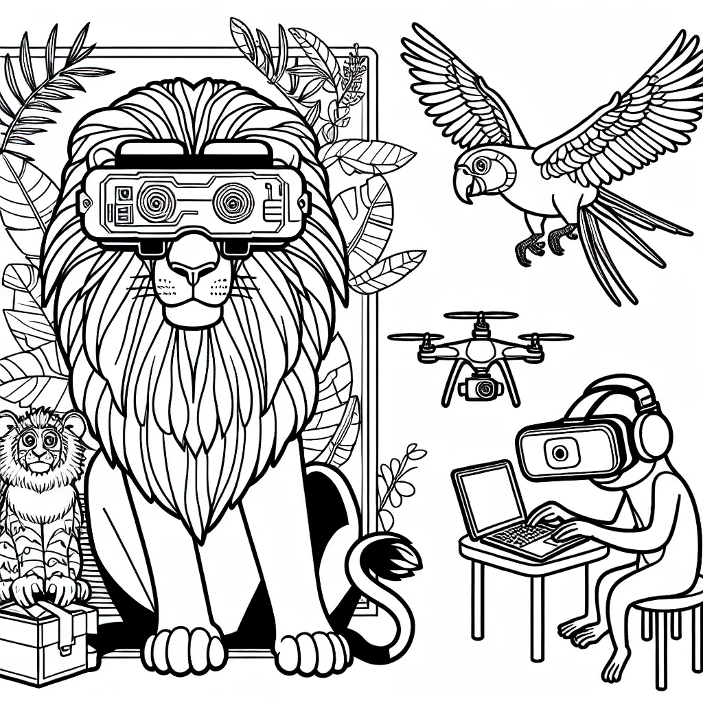Imagine un univers fantastique où les animaux de la jungle ont développé des compétences technologiques avancées. Dessine un lion majestueux portant des lunettes de réalité virtuelle, un perroquet faisant voler un drone et un singe travaillant sur un ordinateur portable.
