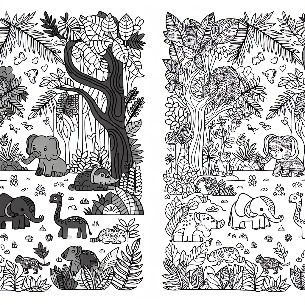 Dessine une jungle enchanteresse remplie d'animaux divers.