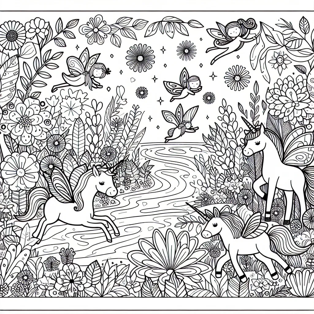 Imagine un jardin enchanté peuplé de créatures fantastiques. Les fées volent autour des fleurs, tandis que les licornes se promènent près d'une rivière scintillante...