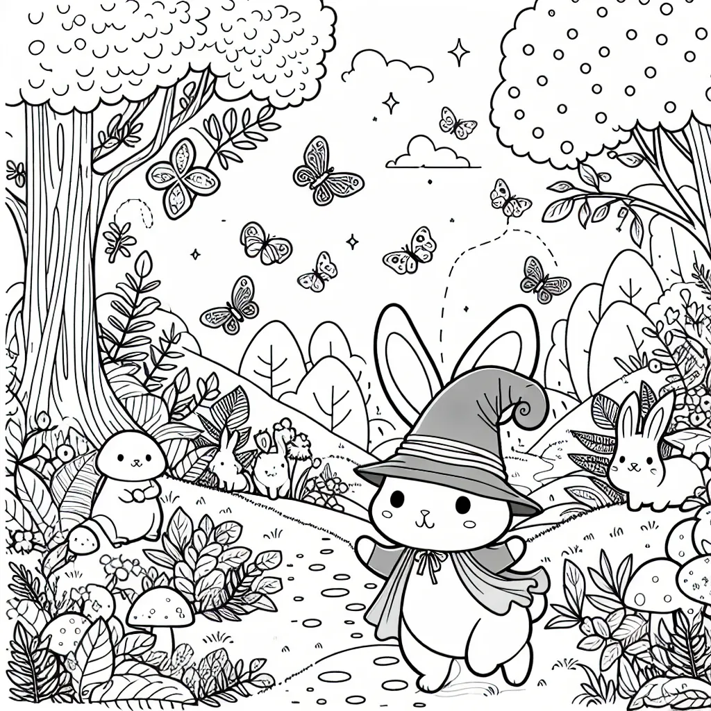 Un adorable lapin part à l'aventure dans une forêt magique remplie d'animaux et de plantes