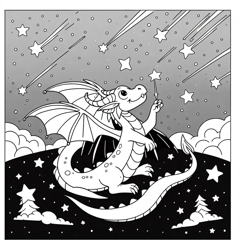 Un dragon fantastique joue avec des étoiles filantes dans le ciel nocturne