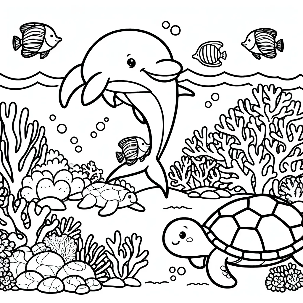 Dessinez une scène sous-marine animée avec un dauphin qui joue avec une tortue et divers poissons colorés nageant autour des coraux magnifiques.