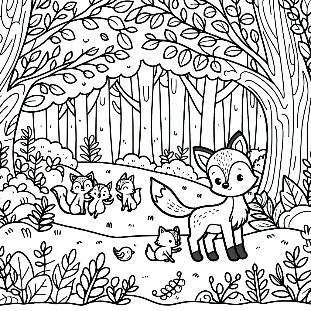 Un petit renard joue avec ses amis dans une forêt enchantée.
