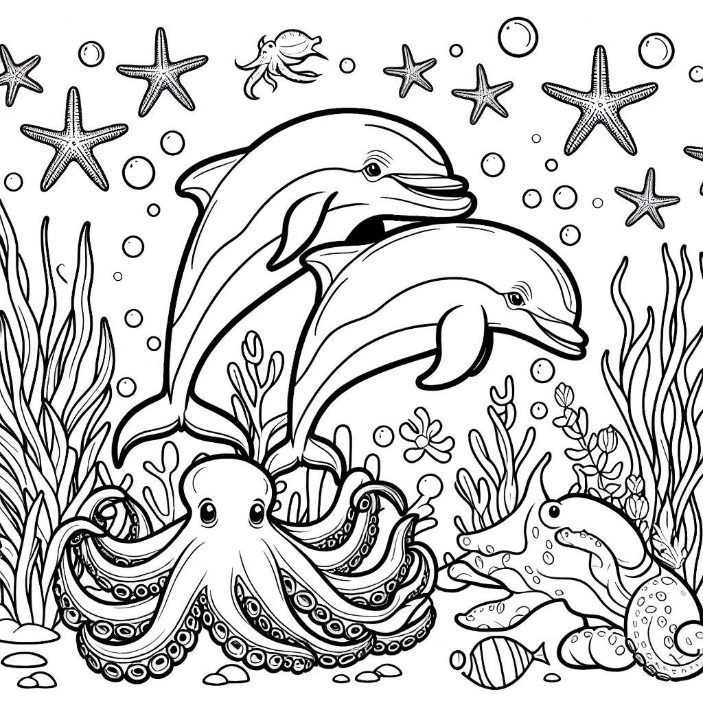 Imagine d'ajouter des couleurs à une scène sous-marine palpitante avec une colonie de dauphins qui jouent avec leur nourriture favorite, la pieuvre et des étoiles de mer adjacentes pour les décorations.
