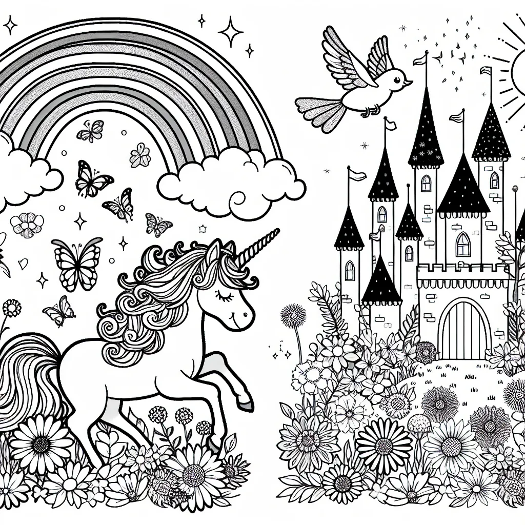 Dans une prairie magique, des licornes gambadent avec bonheur, entourées de fleurs multicolores. Un arc-en-ciel coloré orne le ciel, où volent des oiseaux chanteurs. Puis à côté, un château de fée avec des tours pétillantes apparaît.