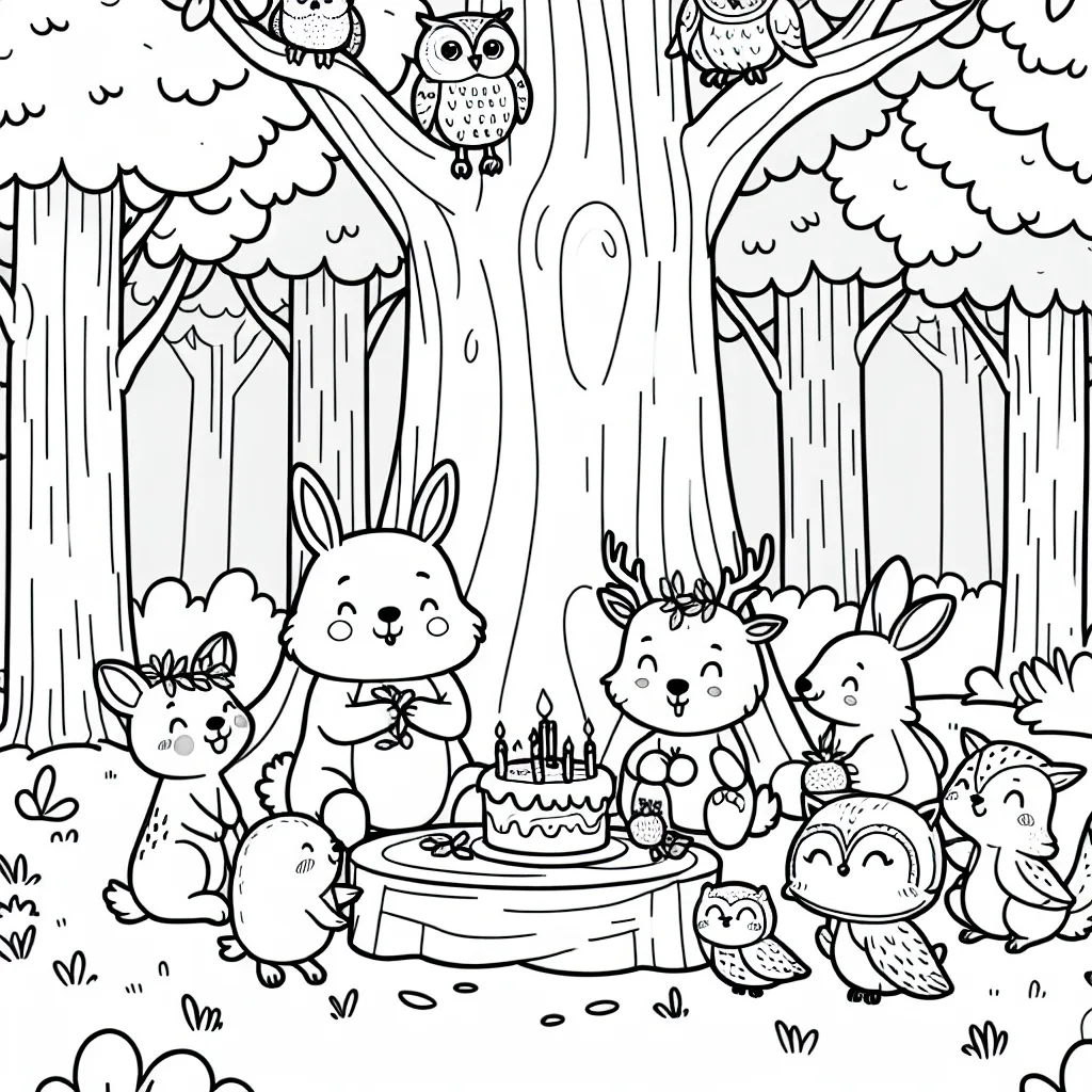 Un groupe d'animaux de la forêt participent à une fête autour d'un grand arbre