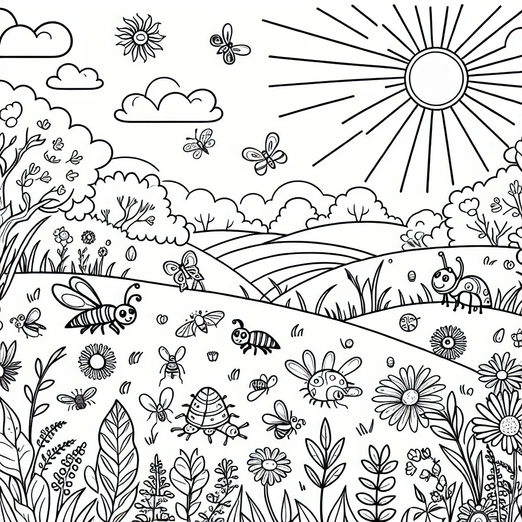 Un voyage d’exploration dans l’univers coloré des insectes. Le coloriage montre une scène d’une prairie ensoleillée avec différents insectes et petits animaux qui y vivent.
