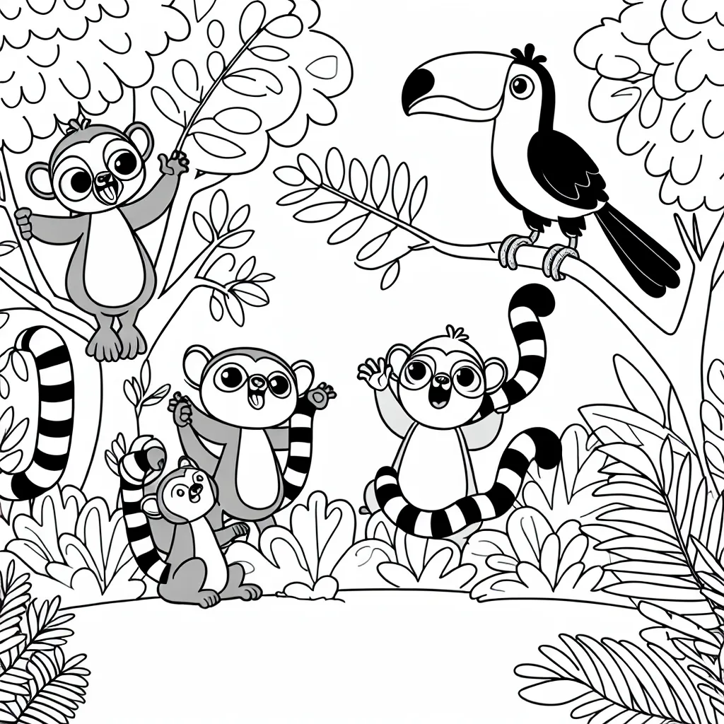 Une bande de lémuriens jouant dans la jungle avec un toucan