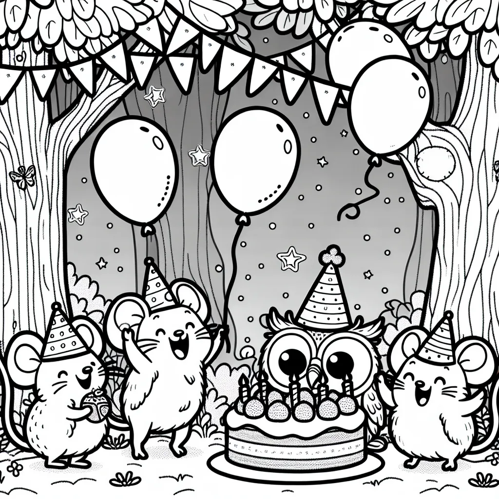 Un groupe de souris drôles et mignonnes qui organise une fête d'anniversaire pour leur amie la chouette dans la forêt enchantée