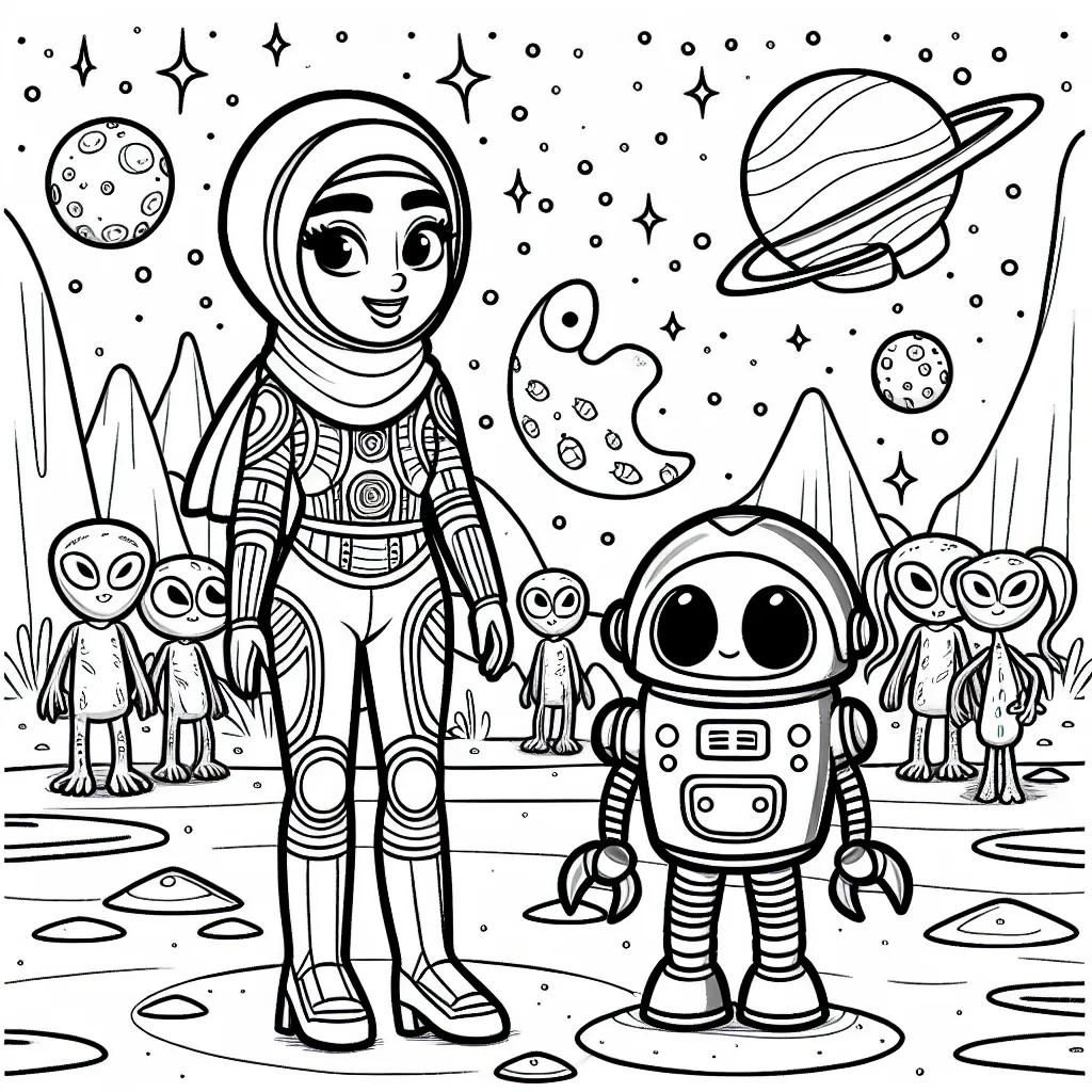 Dessine une scène avec un astronaute et son fidèle robot explorant une planète inconnue avec des aliens sympathiques. Les aliens ont de nombreuses formes et couleurs différentes, tandis que l'astronaute a une combinaison spatiale multicolore et le robot est argenté et lumineux.