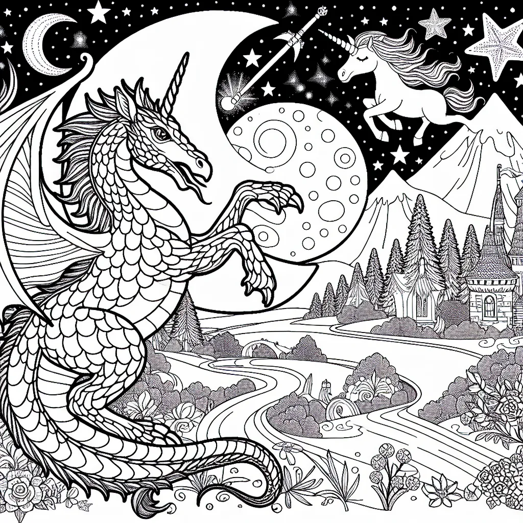 Imagine un paysage fantastique peuplé de dragons et de licornes charismatiques, avec un ciel étoilé et une lune majestueuse. Concentre-toi sur les détails : les écailles du dragon, la brillance de la licorne, la texture de la lune et les étoiles scintillantes.