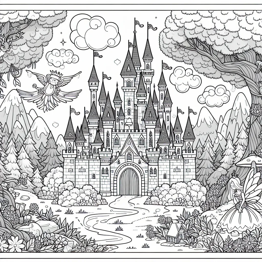 Un énorme château niché au coeur de la mystique forêt des fées, entouré par une collection d'animaux magiques et colorés.