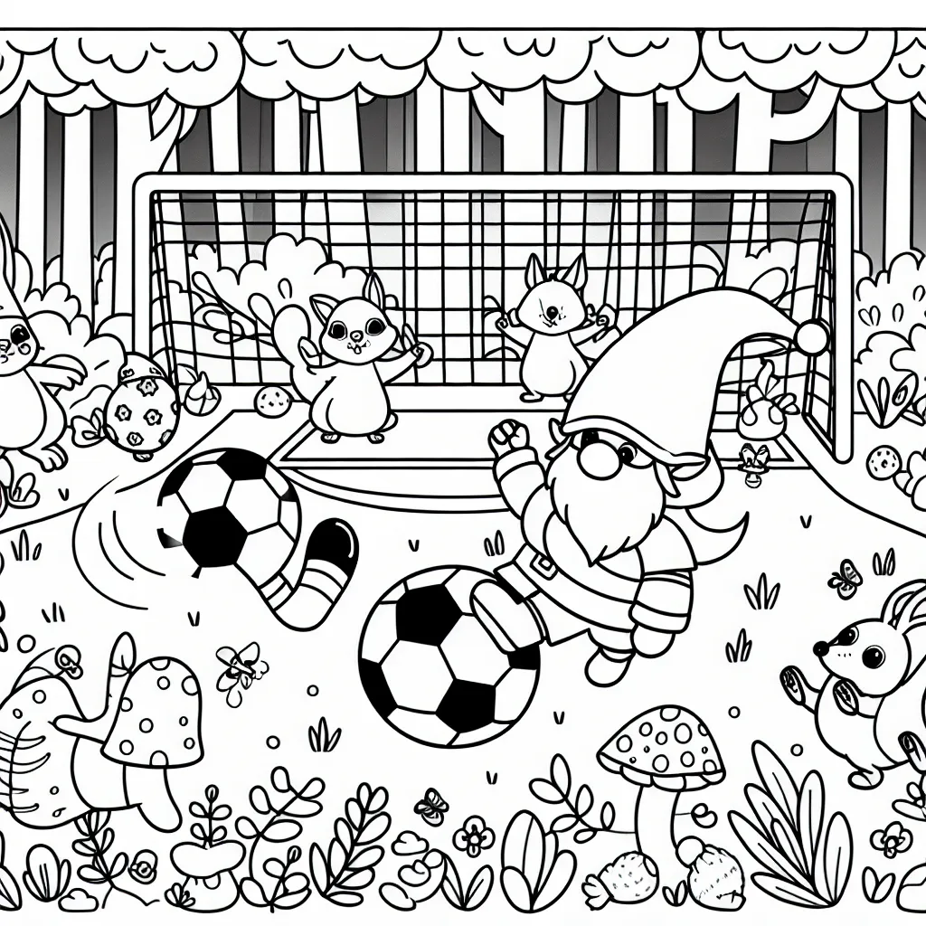 Un gnomes qui jouent au football dans une forêt enchantée, avec différents animaux comme spectateurs
