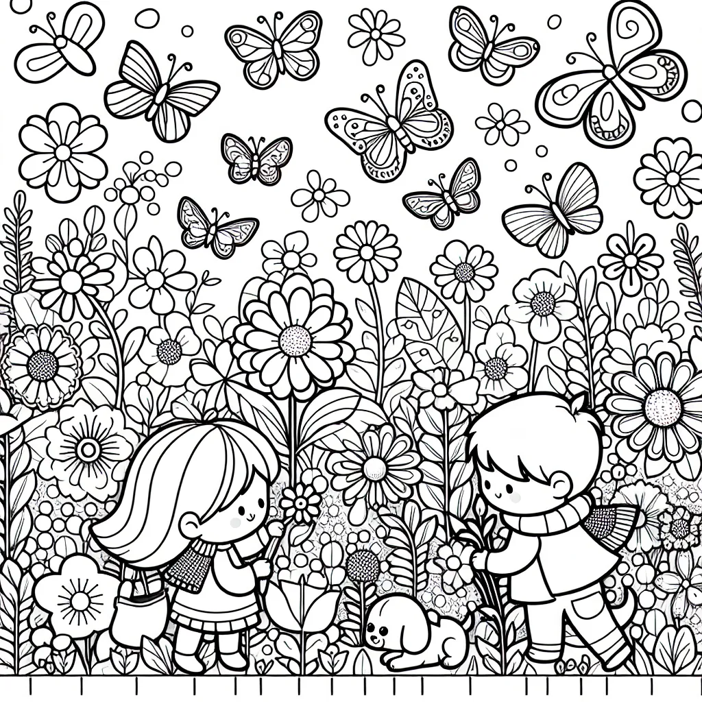 Imagine un magnifique jardin plein de fleurs colorées, de papillons dansants et de petits animaux jouant joyeusement. Sur un coin, un petit garçon et une petite fille sont en train de planter des graines tandis que leur chiot attend patiemment à leurs côtés.