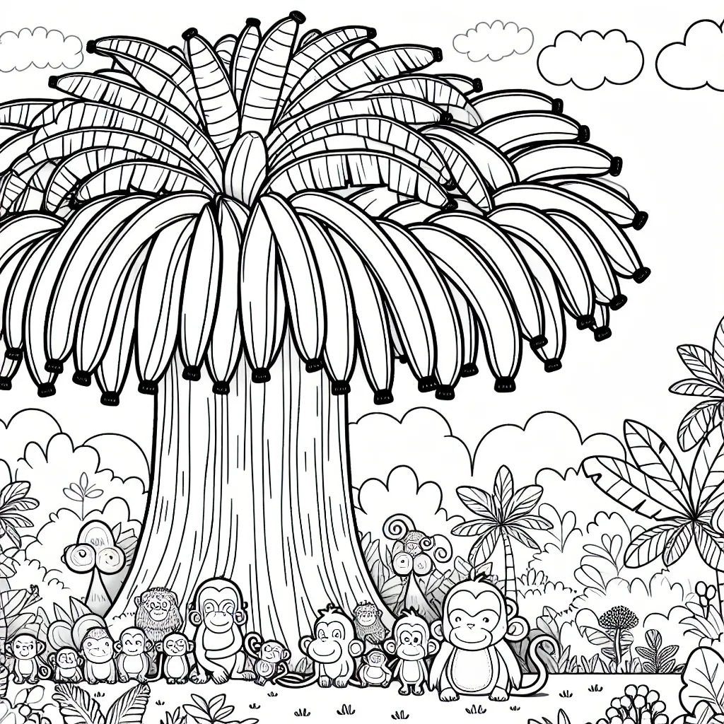 Un bananier gigantesque dans la jungle peuplé de singes joyeux et de divers animaux exotiques