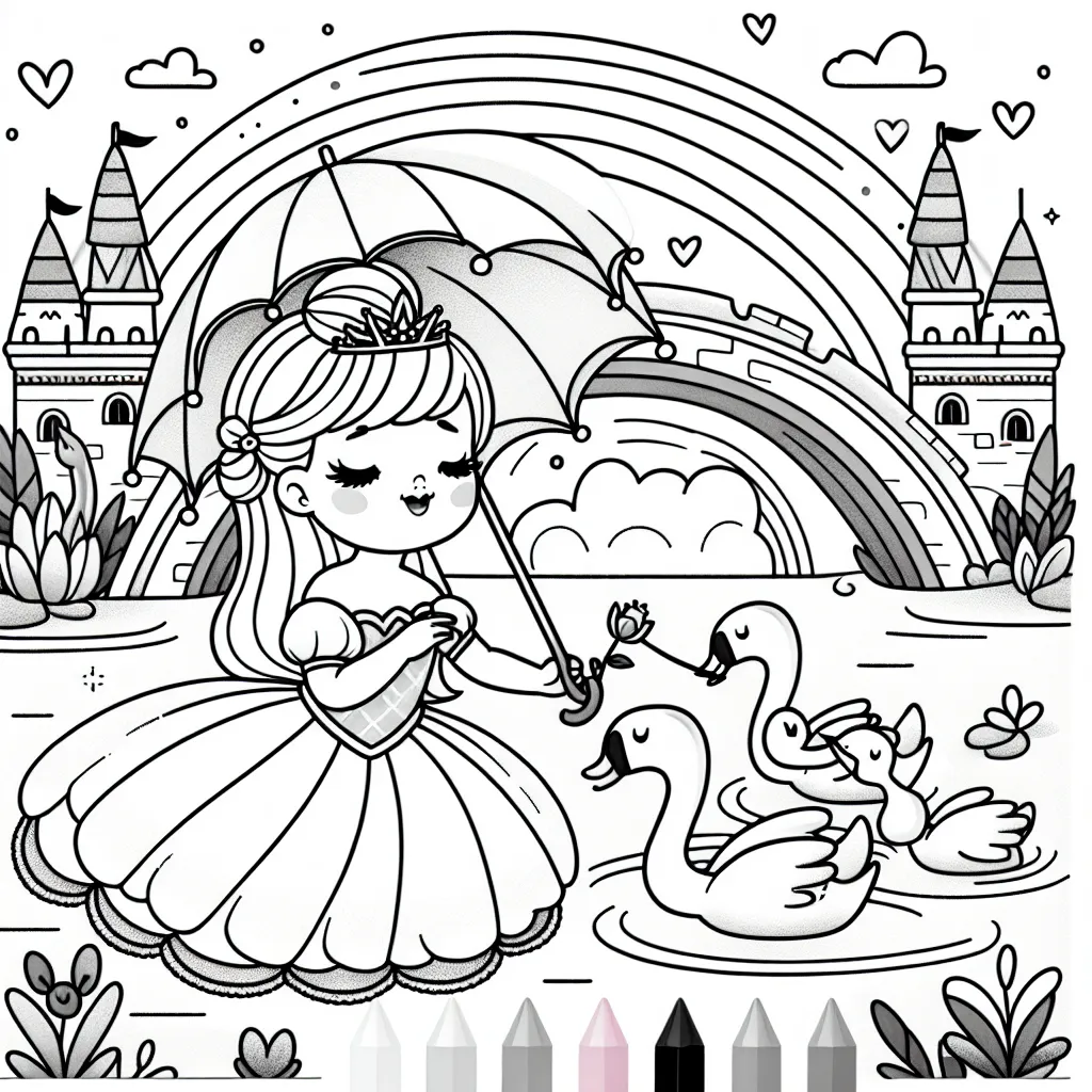 Princesse Lilly tenant un parapluie sur un pont arc-en-ciel en train de nourrir des cygnes dans un paysage féerique