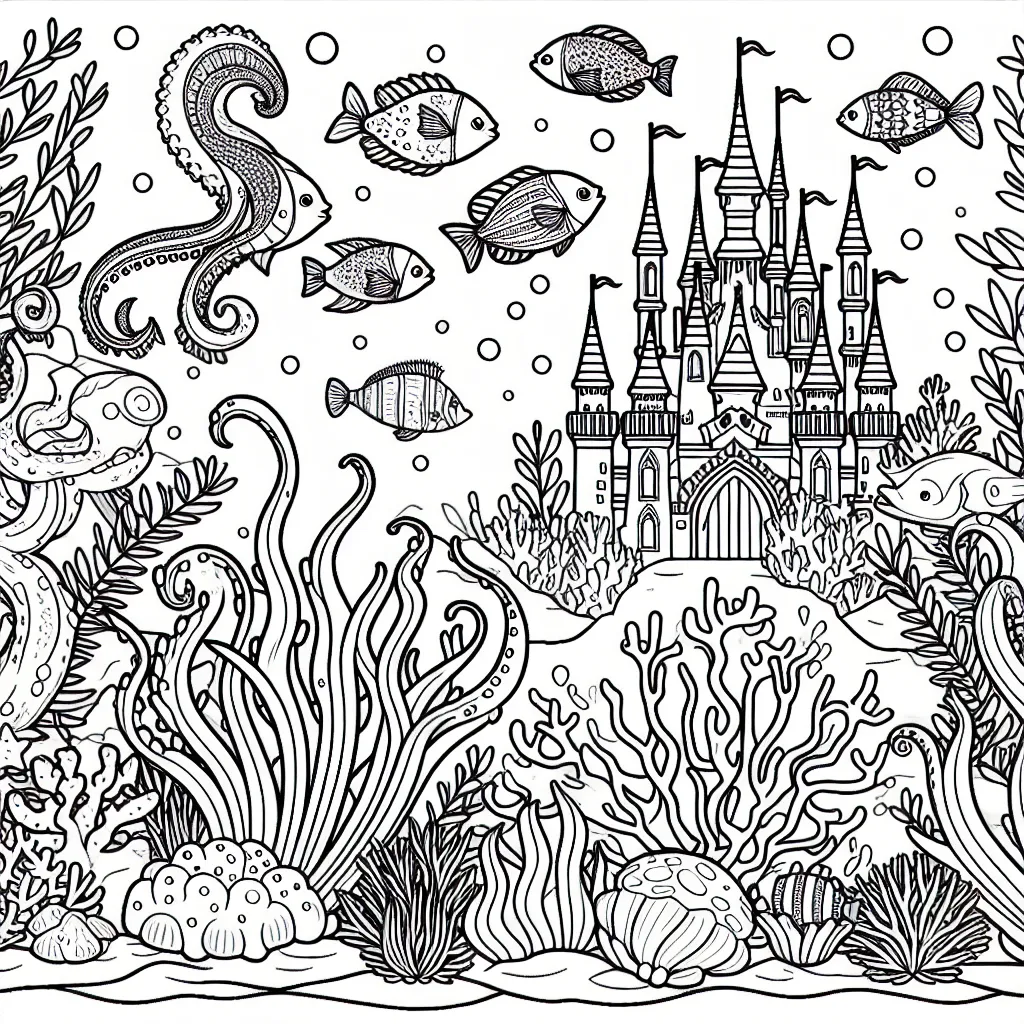 Un royaume sous-marin magique rempli de poissons exotiques, de créatures marines et de magnifiques châteaux de corail
