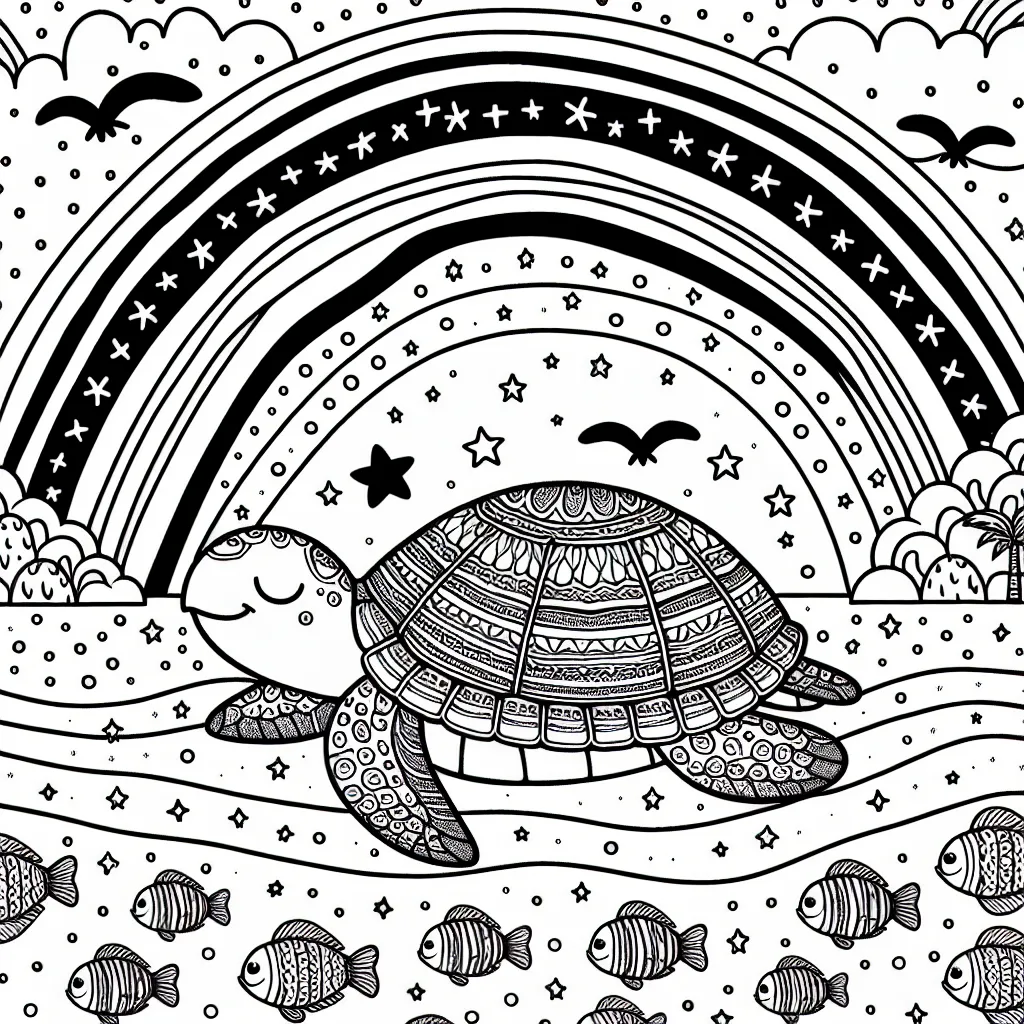Dans ce dessin à colorier, il y a une grande tortue aux motifs variés qui navigue paisiblement sur un océan pailleté sous un arc-en-ciel aux multiples couleurs. Autour d'elle, il y a une multitude de petits poissons colorés, curieux et joyeux. Dans le ciel, de nombreux oiseaux volent librement, créant un paysage serein et fantastique.