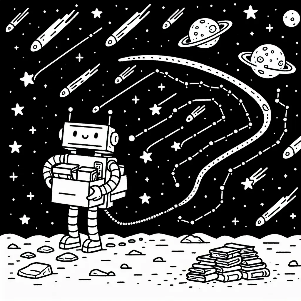 Imagine une scène où un gentil robot suit un parcours truffé de comètes et d'étoiles dans l'espace pour apporter une pile de livres à une station spatiale lointaine. N'oublie pas de colorier le robot, la pile de livres, la trajectoire des comètes, les étoiles et la station spatiale !
