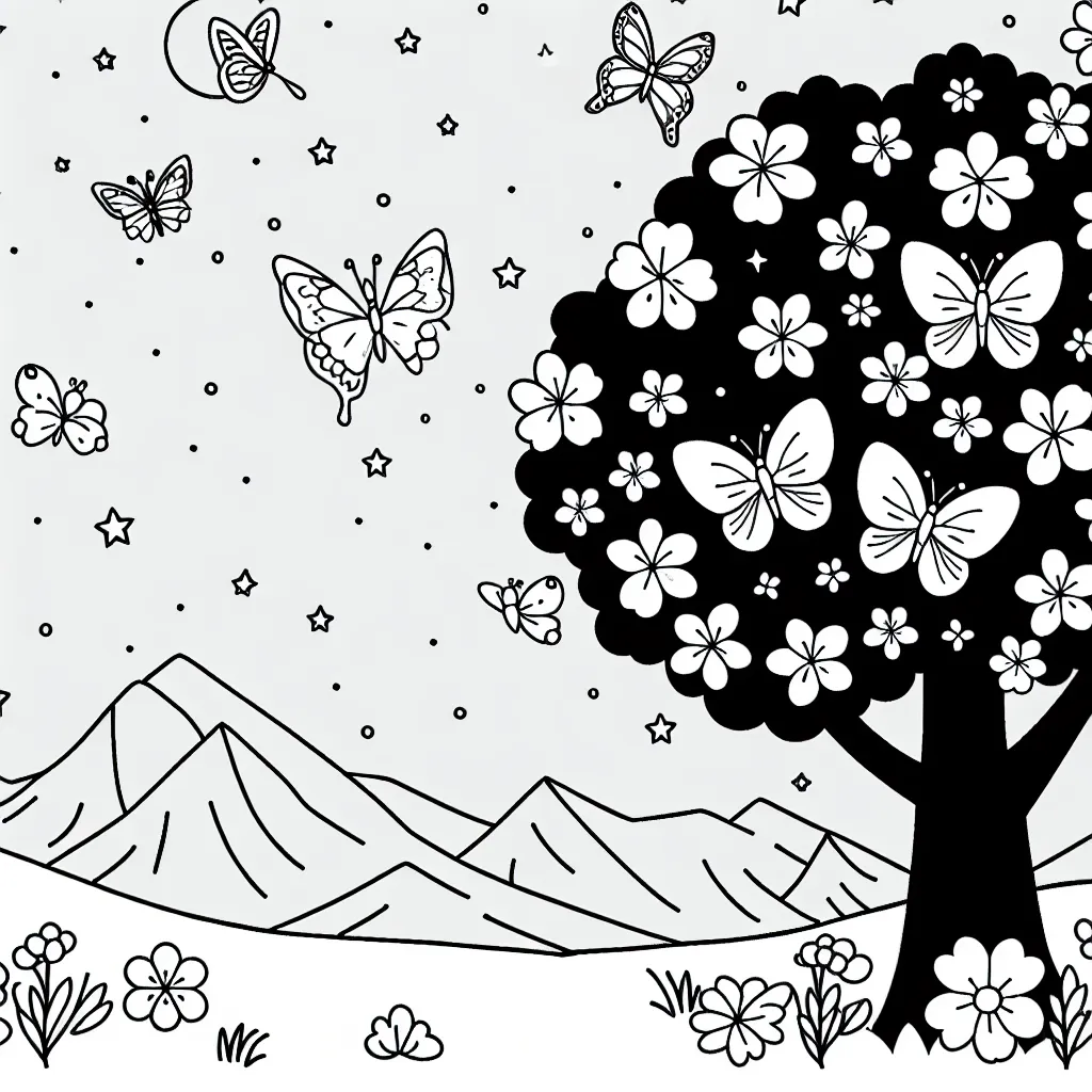 Un groupe de papillons volant autour d'un magnifique arbre en floraison, avec un fond de montagnes sous le ciel étoilé.
