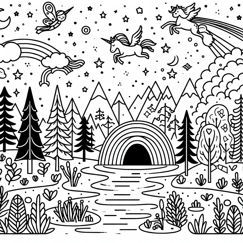 Imagine et dessine une scène animée dans une forêt magique, avec un monde sous-marin caché dans un lac, des licornes volantes et des arbres arc-en-ciel !