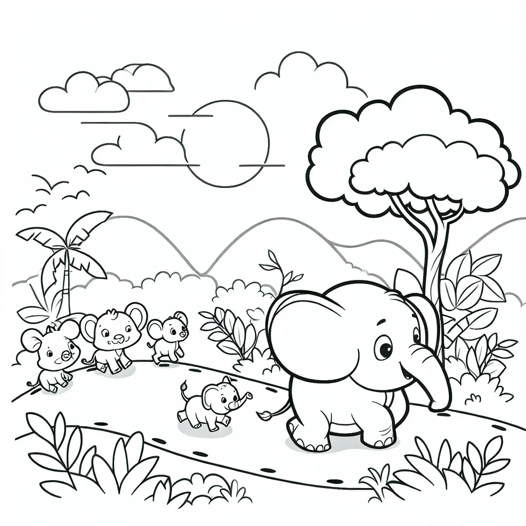 Un éléphant parcourant la jungle aux côtés de ses amis animaux