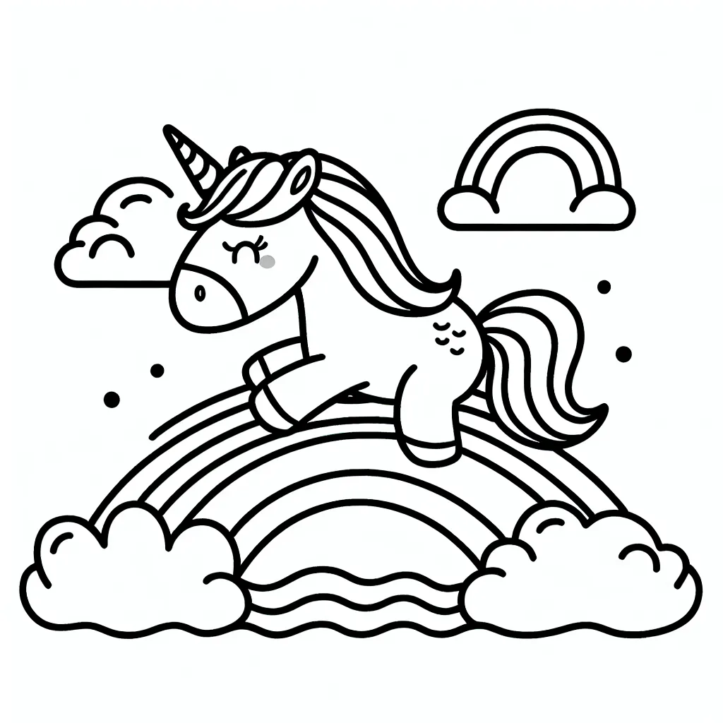 Une licorne faisant du surf sur un arc-en-ciel