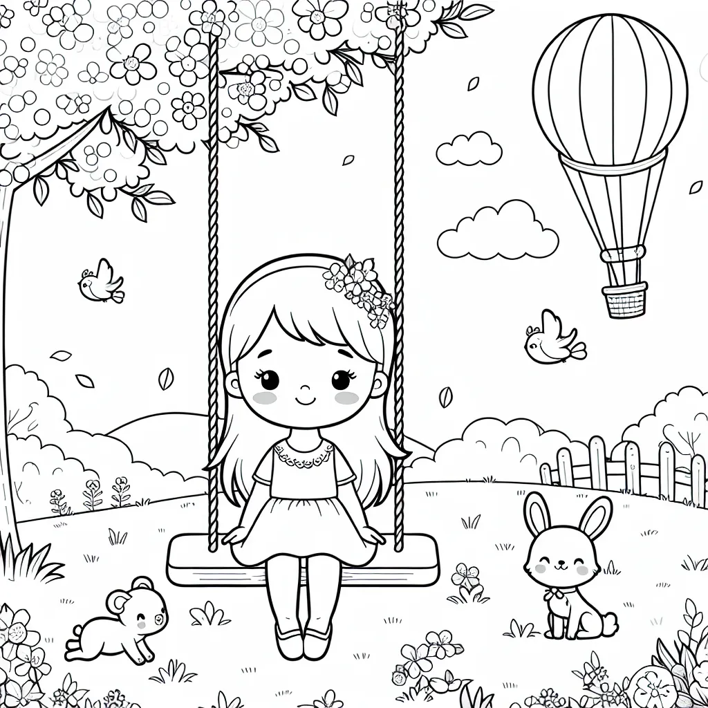 Une petite fille sereine est assise sur une balançoire suspendue à un cerisier en fleur, et autour d'elle se trouvent des petits animaux jouant dans l'herbe. Il y a aussi des montgolfières lointaines dans le ciel.
