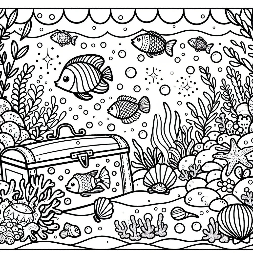 Une scène sous-marine animée pleine de poissons colorés, de coquillages brillants, de plantes aquatiques et un petit trésor caché