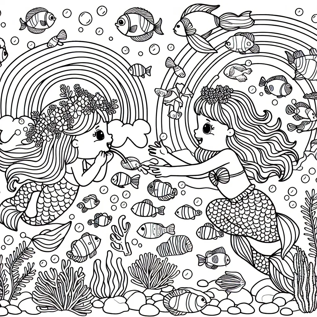 Eclate-toi en coloriant une scène sous-marine foisonnante de vie avec une petite sirène qui est en train de nourrir des poissons arc-en-ciel.