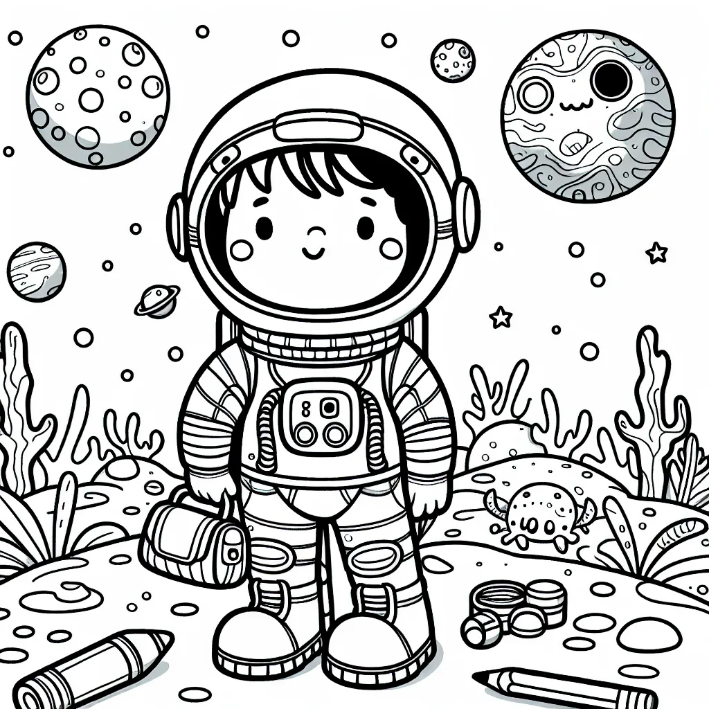Un astronaute courageux se prépare dans sa combinaison spatiale pour partir à la découverte d'une nouvelle planète inconnue remplie de créatures et de paysages étranges.