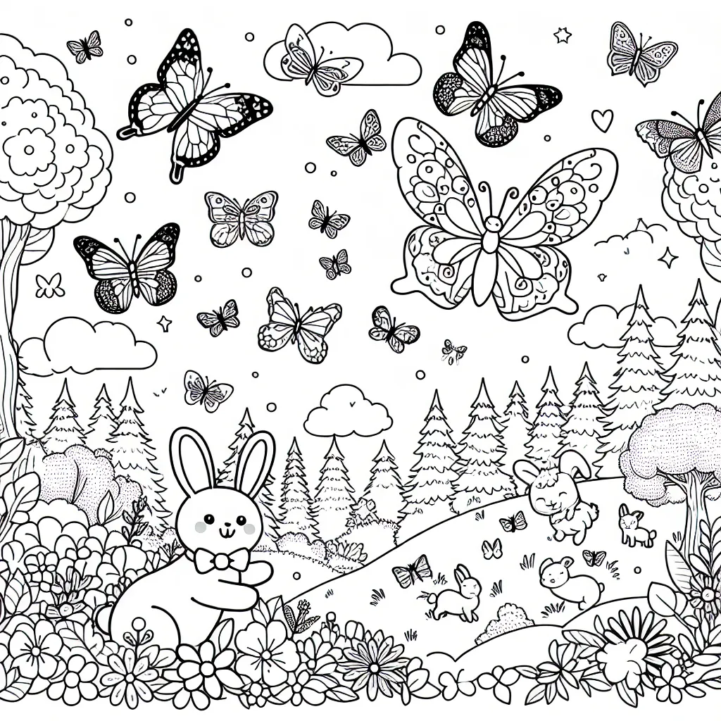 Imagine une scène joyeuse où des papillons aux multiples couleurs virevoltent autour d'animaux dans une forêt enchantée.