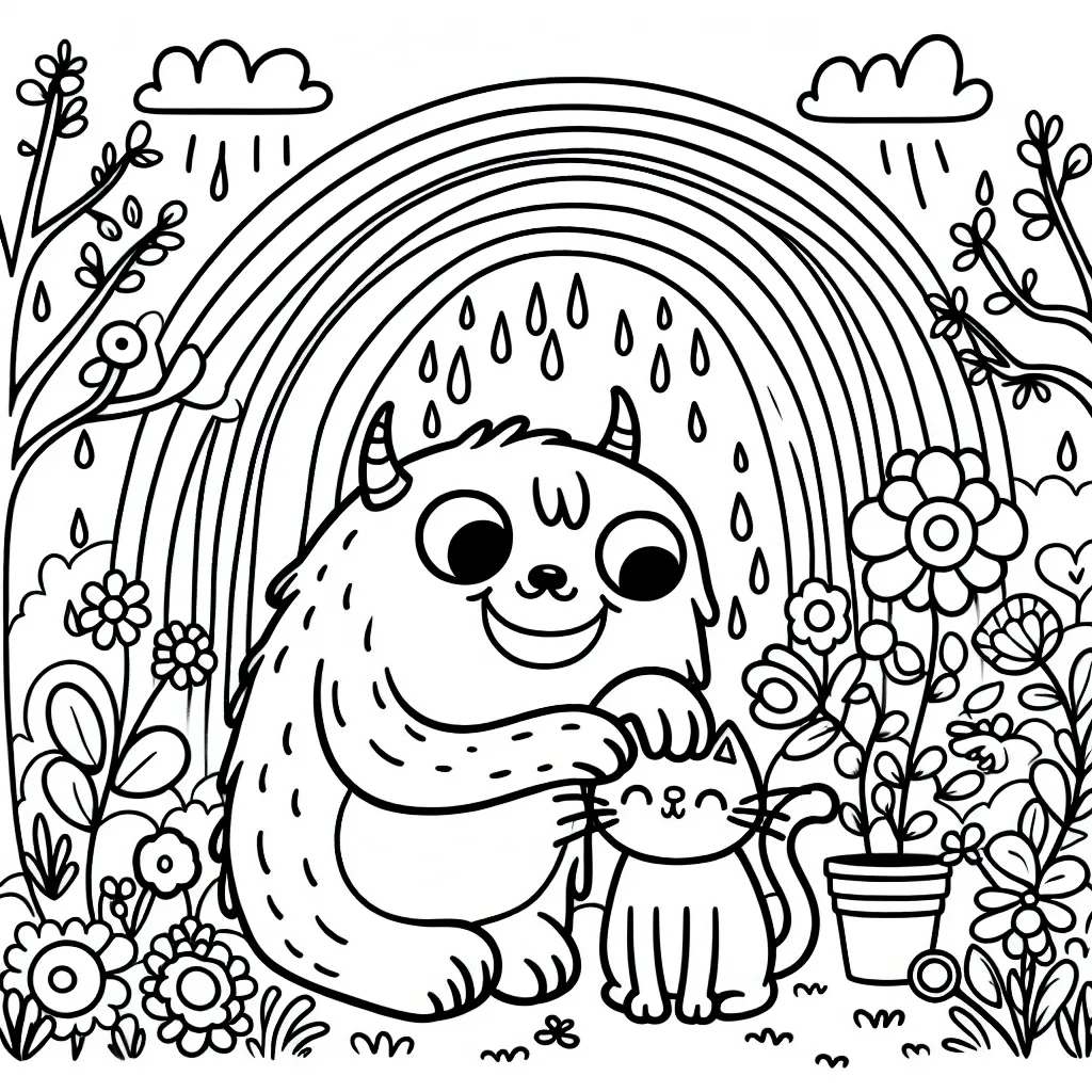 Un monstre gentil qui caresse un chat dans un jardin fleuri sous un arc-en-ciel