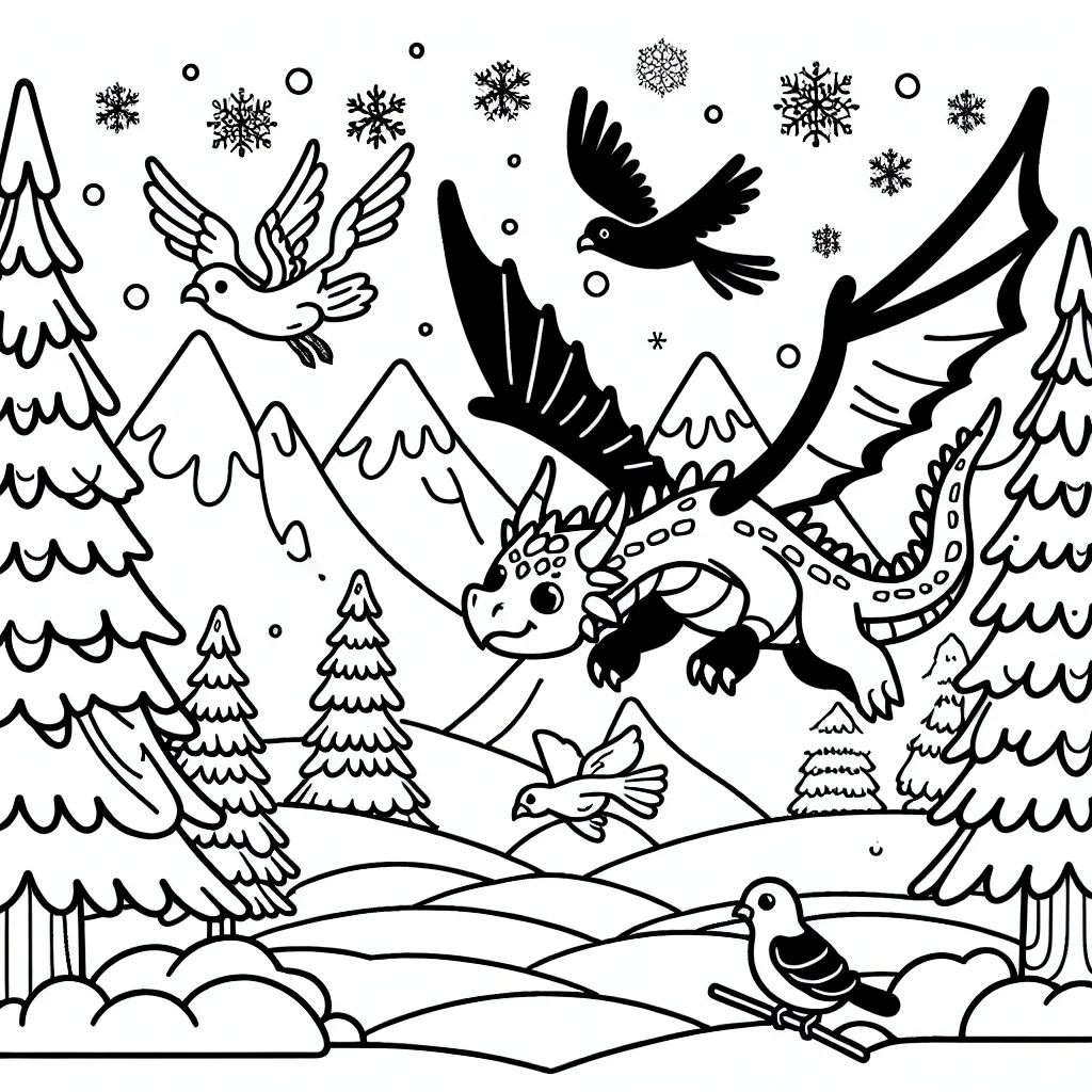 Imagine un coloriage d'un dragon apprenant à voler avec des oiseaux dans les montagnes enneigées.