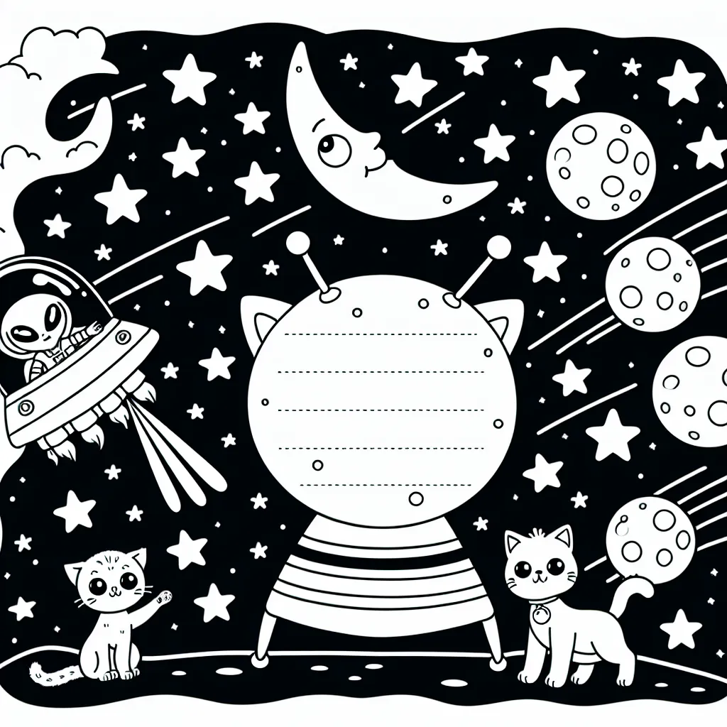 Un petit extra-terrestre sympathique et son vaisseau spatial sur la lune, accompagné de chatons jouant avec les étoiles filantes