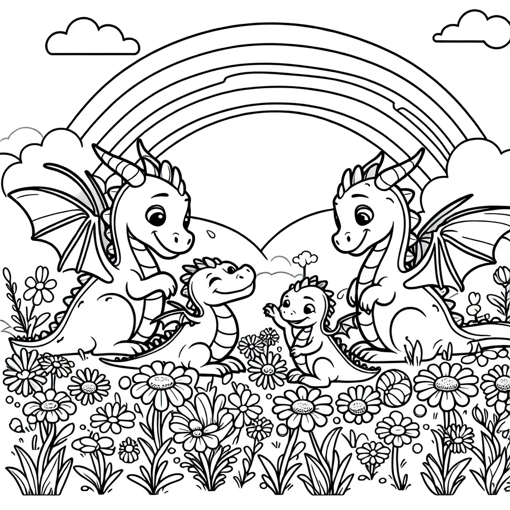 Dessine un groupe de dragons qui jouent dans un champ de fleurs magiques sous un arc-en-ciel.