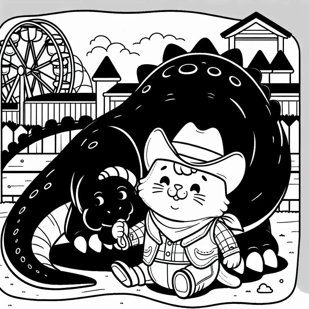 Imagine une scène où un chat costaud et sympathique, portant un chapeau de cowboy, dompte gentiment un énorme dinosaure dans un parc d'attractions.