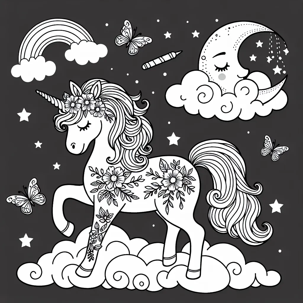 Une magnifique licorne dessinée, flottant sur un nuage, entourée d'étoiles et de lune, éclairée d'un doux rayon de lune, avec des papillons volant autour. La licorne a une longue crinière bouclée et un corps gracieux décoré de motifs floraux. De plus, on voit un arc-en-ciel au loin.
