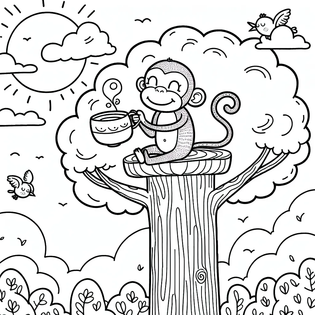 Un singe amusant prenant un thé en haut d'un grand arbre avec les oiseaux dans un après-midi ensoleillé