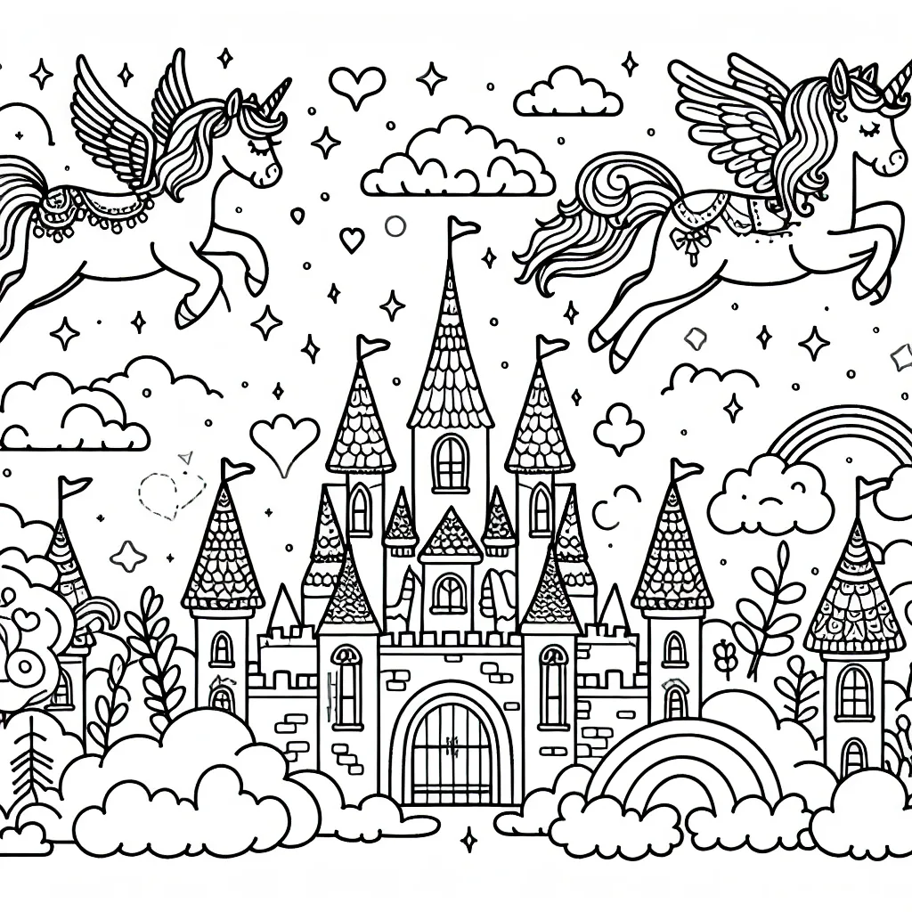 Un monde fantastique avec des licornes, des châteaux magiques, des fées et des nuages de bonbons