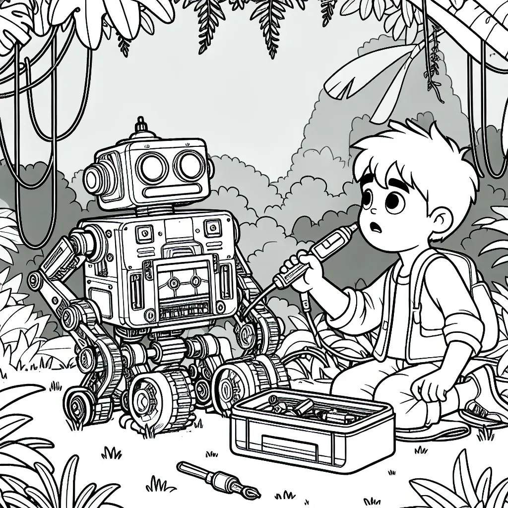 Un petit garçon répare un vieux robot avec une mallette d'outils en plein milieu d'une jungle verdoyante.