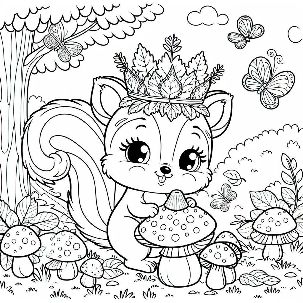 Dans une forêt enchantée, un charmant petit écureuil joue avec des champignons magiques. Il porte une couronne de feuilles d'automne et a de petites ailes de papillon.