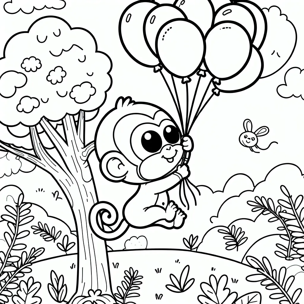 Un petit singe coquin jouant avec des ballons multicolores sur un arbre au milieu d'une jungle animée