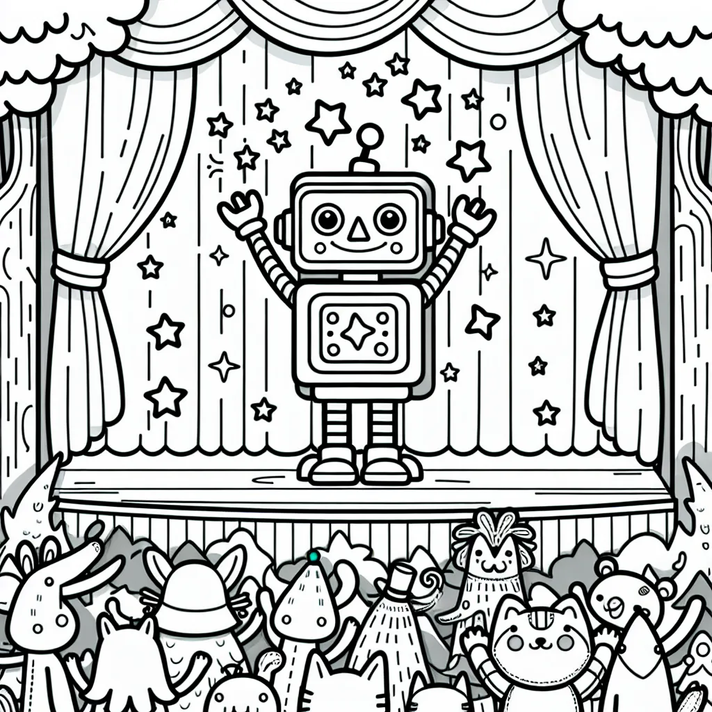 Un robot jovial effectuant un tour de magie sur une scène colorée sous les applaudissements d'un public d'animaux de la forêt