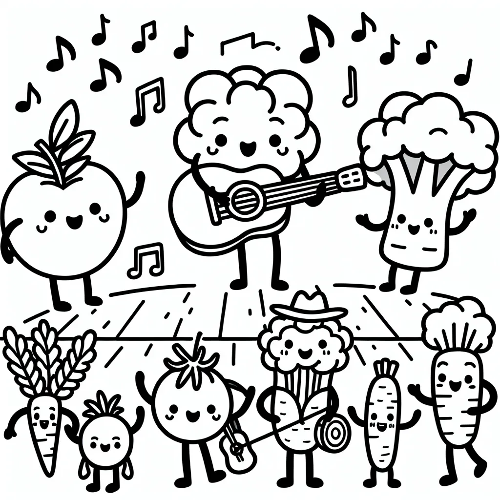 Imagine un monde où les fruits et légumes prennent vie. Dessine un impressionnant festival de légumes en musique, avec une tomate jouant de la guitare, un brocoli au chant et une carotte à la batterie.