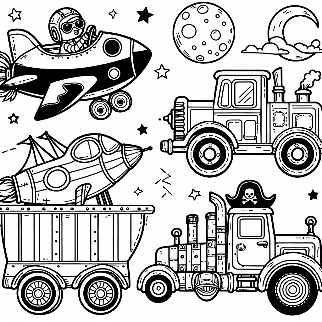Un dessin de coloriage pour enfants représentant des véhicules fantastiques et imaginatifs, tels qu'une voiture volante, un camion pirate et un bateau spatial.
