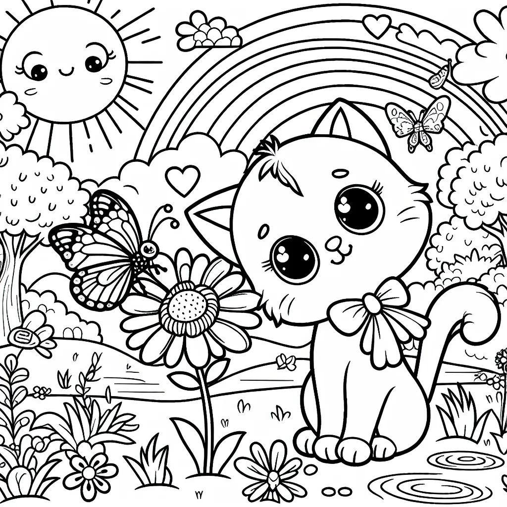 Un petit chat curieux observe un papillon coloré posé sur une belle fleur, tandis qu'un soleil souriant brille dans le ciel. Autour d'eux, des arbres luxuriants, un étang paisible peuplé de poissons joyeux, et un arc-en-ciel vibrant complètent le paysage.