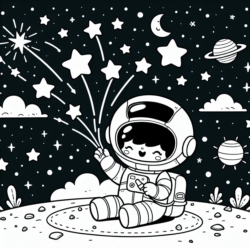 Dessine un astronaute jouant avec des étoiles filantes dans l'espace.